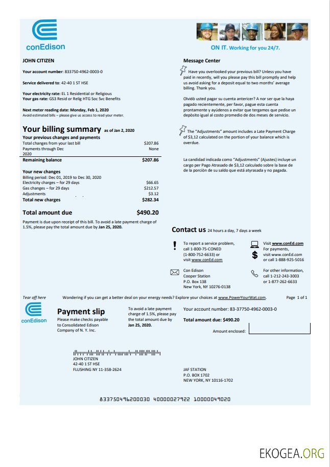 USA Con Edison electricity utility bill template in Word and PDF format